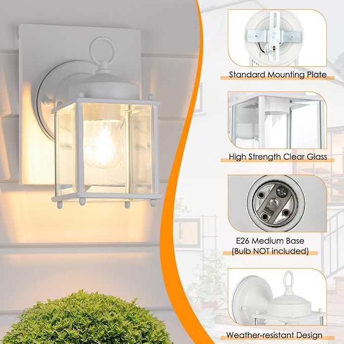 MATAMEYE Outdoor Wall Lantern, Exterior White Waterproof Wall Sconce Lighting Fixtures, Front Door Wall Lights with Clear Beveled Glass Shade, 2 Pack