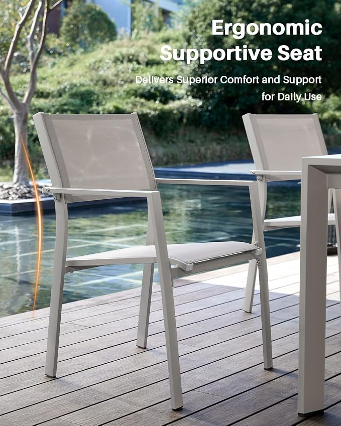9-Piece Extendable Patio Dining Set with 2 Swivel Chairs, Never-Rust Aluminum Outdoor Dining Table Set, Oversized Expandable Dining Table with Wood Grain Top and Stackable Chairs for Balcony