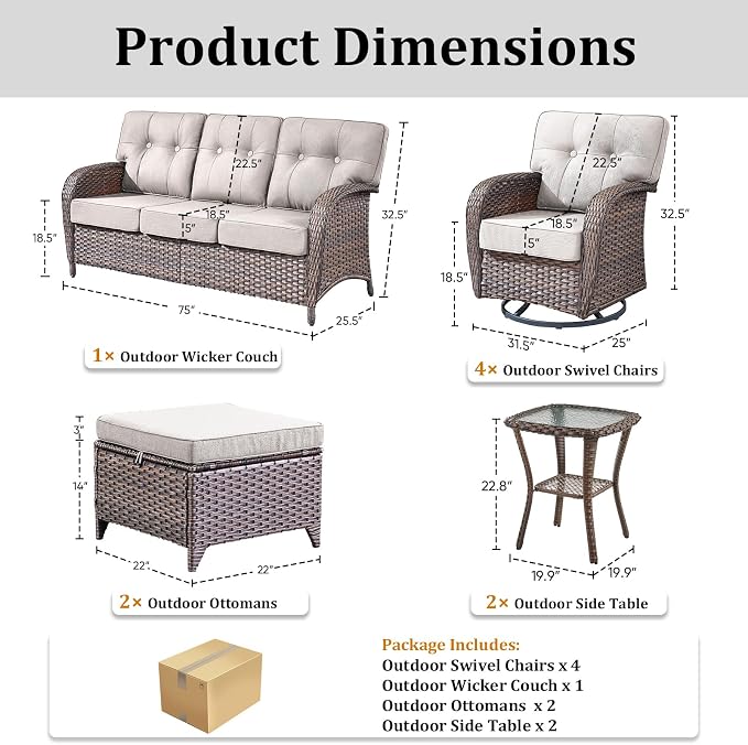 9-Piece Wicker Patio Furniture Set with 5-Inch Thick Cushions Weather Resistant Rattan High Back Swivel Rocker Chairs Senior Friendly Conversation Set for Small Porch Deck Sunroom Brown/Beig