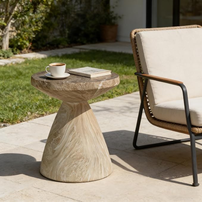 Outdoor Side Table, Faux Travertine Stone End Table, Magnesium Oxide Small Coffee Table, Multi‑Functional Garden Stool Plant Stand for Porch, Backyard Patio & Indoor 17.72"*20.87" Marble
