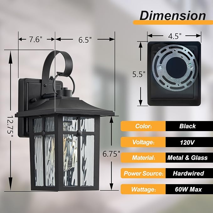 2 Pack Dusk to Dawn Outdoor Wall Lights, Black | Aluminum Exterior Light Fixtures Wall Mount, Ripple Glass, Waterproof Porch Lights, For Entryway, Garage, Patio