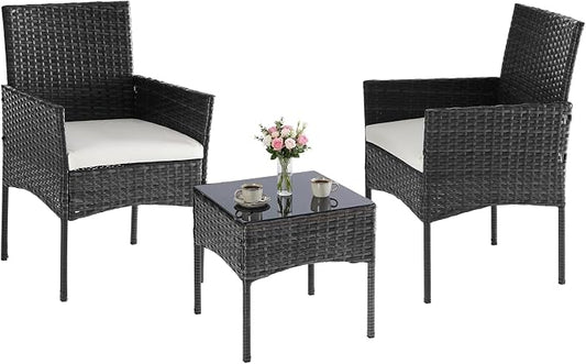 NEWBULIG 3-Piece Patio Furniture Set, Weather-Resistant Outdoor Wicker Furniture with Washable Cushion & Tempered Glass Tabletop, Durable Outdoor Seating for Balcony, Porch, Deck Black