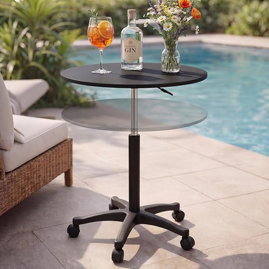 DoubleFill 23.3-31.5 Inches Height Adjustable Outdoor Cocktail Round Tables for Patio with Wheels Adjustable Tall 360°Swivel 23.7'' Round Cocktail Bar Table for Patio Pool Balcony Dining Room Party