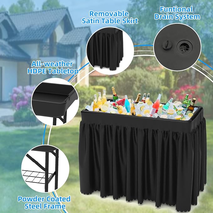 Party Outdoor Cooler Table, Black Skirt &Drain Hose Plastic Chill Table to Keep Drinks Cool, Portable Foldable Self-Serving Beverage Ice Cooler Bar for Wedding, Picnics, Barbecues, Fishing