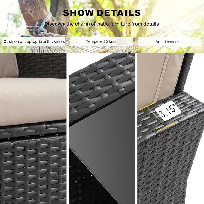 Shintenchi 4 Piece Patio Furniture Set, Outdoor Rattan Conversation Set with Coffee Table, Outside Wicker Sectional Sofa Couch with Cushion, Black