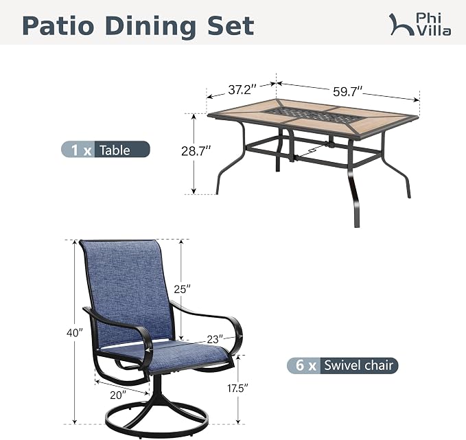 PHI VILLA 7 Piece Patio Dining Set, 6 Swivel Patio Chairs with Textilene Mesh Fabric & Rectangular Wooden-Like Dining Table(1.6" Umbrella Hole), All Weather Patio Chairs and Table Set for Deck (Blue)