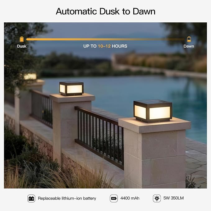 MVBT Square Solar Post Lights, 10" Column Light, 3000K Pillar Light Outdoor | Modern Column Lamp Waterproof, Dusk to Dawn Post Lantern, Stainless Steel Gate Post Light for Outside Patio Yard Fence Deck