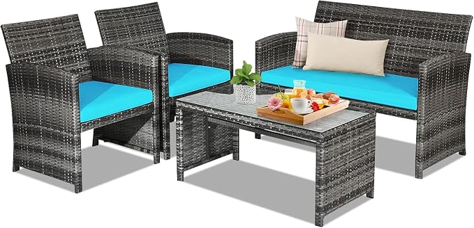 COSTZON HOMGX 4-Piece Patio Furniture Set, Outdoor PE Rattan Conversation Set w/Tempered Glass Table & Soft Cushions, Wicker Conversation for Sofa Porch, Poolside, Backyard (Turquoise)