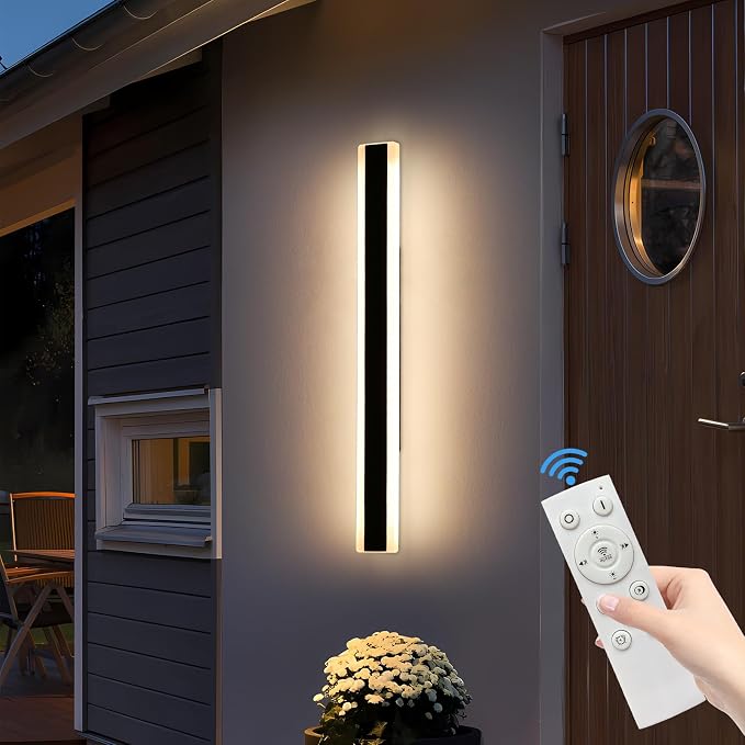 39inch Outdoor Modern Wall Sconces, Dimmable Exterior Wall Mounted Lighting 3 Color 3000K/4500K/6000K, IP65 Waterproof, Minimalist Porch Lights Fixture for Yard Patio Garage with Remote Control