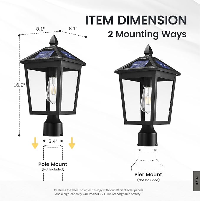 zeyu 17 Inch Solar Outdoor Post Light, Outdoor Lamp Post Light Fixture with Remote, Die-Cast Aluminum with Clear Glass Shade, Black Finish, ZYX115P-SL BK