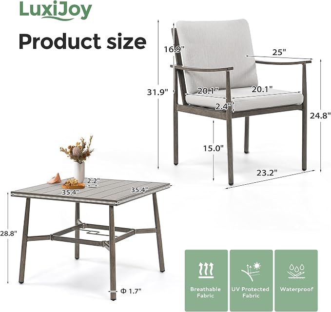 5-Piece Outdoor Dining Set for 4, Aluminum Patio Dining Set with Cushions, 4 Dining Chairs with Rope Backrest, Square Table with Umbrella Hole, Patio Dining Set for Lawn Porch Backyard,Grey