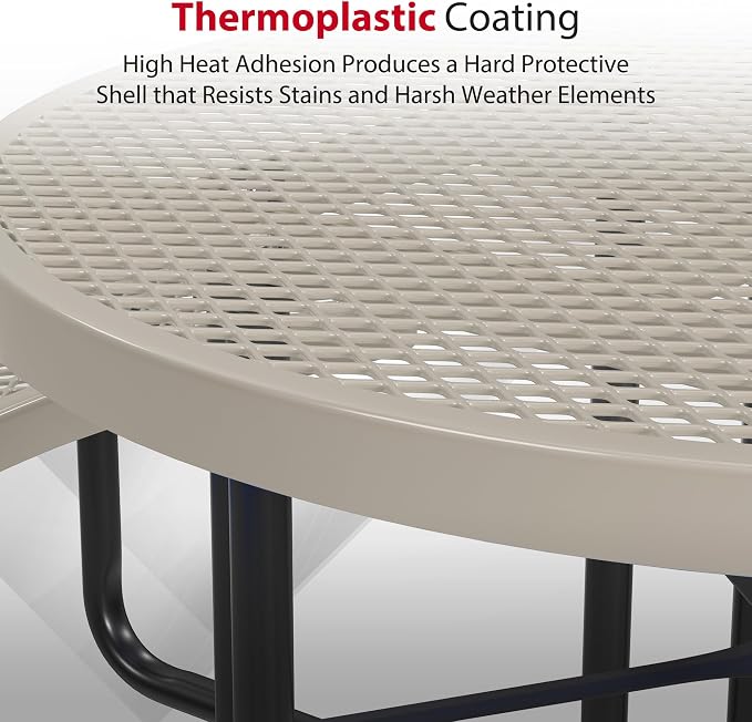 Leisure Craft Metal Picnic Table with Bench - 46" Round Outdoor Dining Table for 8 with Umbrella Hole, Weatherproof Heavy Duty Thermoplastic Coating, Commercial Grade Furniture Made in USA - Beige