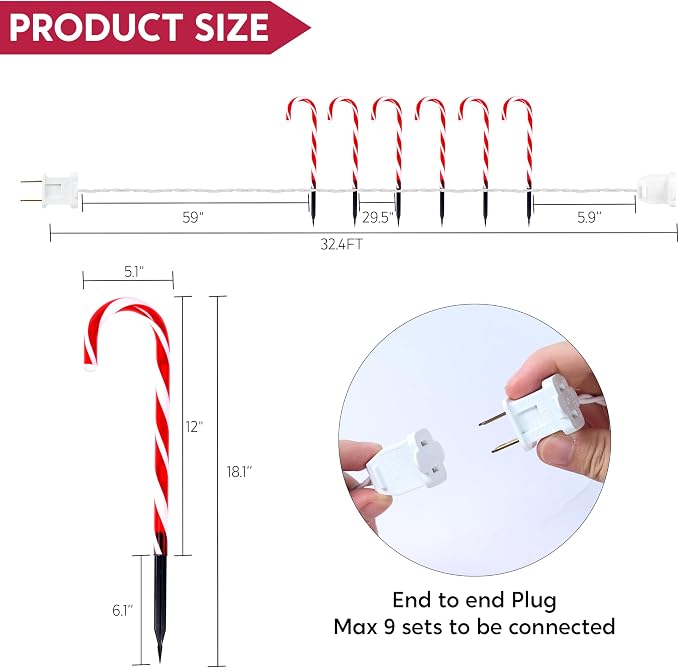 Joiedomi 12 Pcs Christmas Candy Cane Pathway Markers Lights, 12” Stakes Lights with Warm White, Waterproof Outdoor Decorations for Holiday Xmas Indoor,Yard,Patio,Garden,Walkway