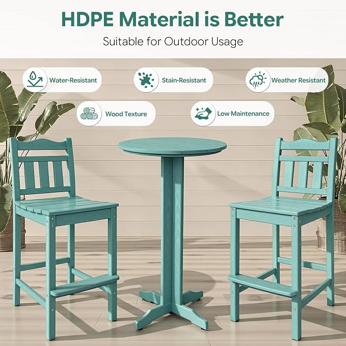 Outdoor Bar Stools Set of 2, HDPE Tall Adirondack Bar Chairs 27.5 Inch Seat Height w/Backrest, All Weather Patio Bar Height Chairs for Bistro Balcony Deck Poolside (Aruba Blue)