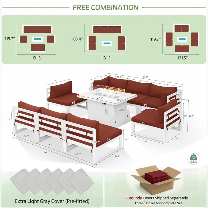 RADIATA 9 Piece High End Aluminum Patio Furniture Set with Fire Pit Table, 500 lbs Heavy Duty Outdoor Sectional Sofa, 29" Deep Wide Oversized Seating L Shaped Conversation Couch for Exterior, Burgundy