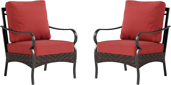 PHI VILLA Outdoor Wicker Chairs Sofa of 2, All Weather High Back Rattan Chairs 2 Seats with Comfy Cushions for Porch Deck