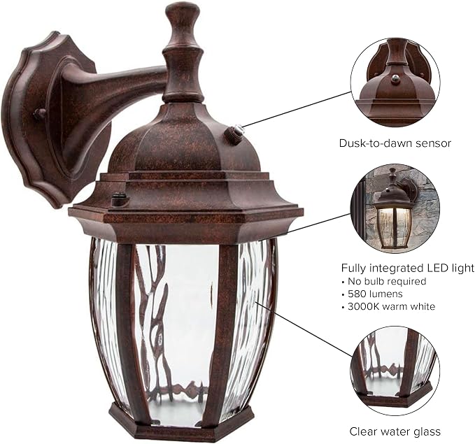 Maxxima LED Brown Outdoor Wall Light, 580 Lumens 3000K, Dusk to Dawn Sensor | Clear Water Glass, Warm White, Photocell Sensor, Exterior Patio or Porch Sconce Fixture
