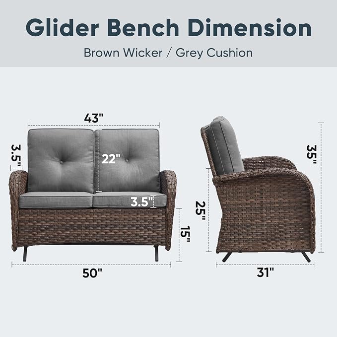 Belord Outdoor Glider Bench Patio Loveseat - 500 Lbs Weight Capacity 2 Seater Wicker Sofa, Small Porch Glider Furniture All Weather Rattan Couch with Removble Cushion for Balcony Deck Backyard, Brown