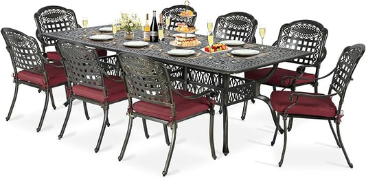9-Piece Patio Cast Aluminum Dining Set, Outdoor Table and Chairs Set for 8, Includes 94.5" Rectangular Dining Table and 8 Cushioned Chairs with Umbrella Hole for Backyard Lawn Garden, Red