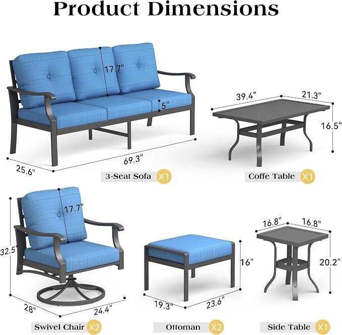 7 Piece Aluminum Patio Conversation Set, Outdoor Metal Furniture Set w/Rocking Swivel Chairs, 3-Seat Sofa, Ottomans and Coffee Side Table, 5" Thickened Cushions for Backyard, Poolside, Blue