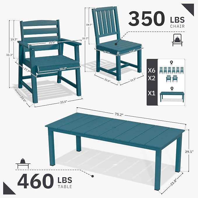 AreShark 9-Piece Outdoor Dining Set,HDPE Patio Table with 8 Chairs,All-Weather Patio Furniture Set with Umbrella Hole,Low Maintenance Wood Grain Dining Set for Backyard,Garden,Poolside,Navy Blue