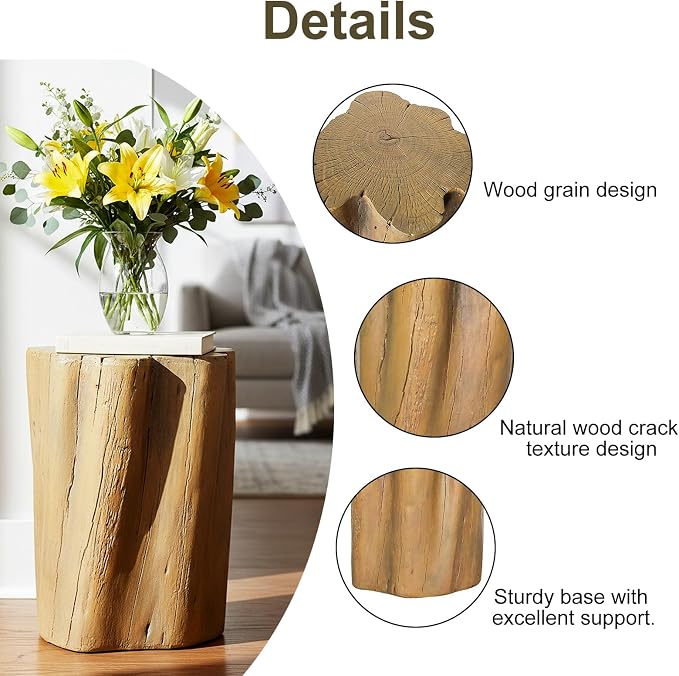 Outdoor Side Table, Fiber Reinforced Concrete Patio End Table, 17.9 Inch Natural Wood Look Garden Stool Statue with Crack Texture Design for Patio, Garden, Porch, Poolside