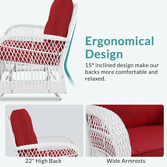 MEETWARM 5 Pieces Outdoor Patio Rattan Furniture Sets, All Weather Patio Wicker Conversation Set - 2 Rocking Swivel Chairs 1 Rattan Loveseat Glider with Cushions, 2 Coffee Table, White Wicker/Red