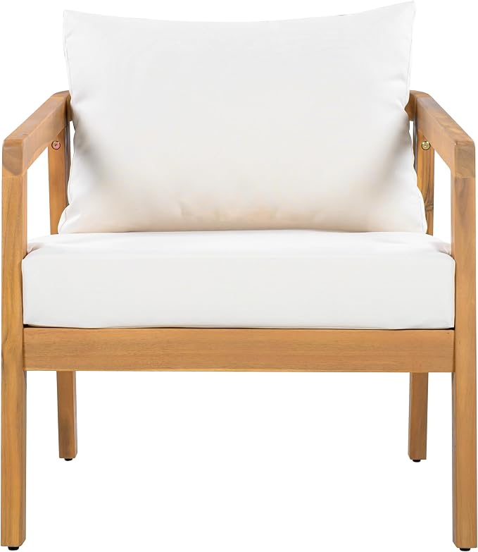 Christopher Knight Home Sures Acacia Wood Club Chair and Coffee Table Set, 3 Piece Patio Bistro Set, Solid Wood Outdoor Patio Furniture Set with Center Table, Natural+Beige