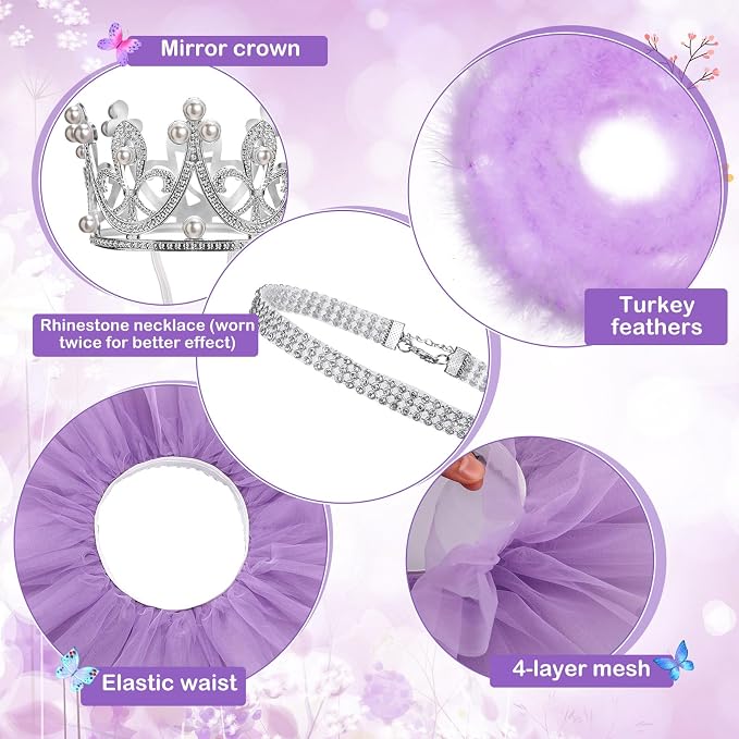 4 Pcs Princess Porch Goose Outfit for 23" 17" Cement Lawn Goose Costume Crown Necklace Tutu Skirt Feather Trim(Purple)