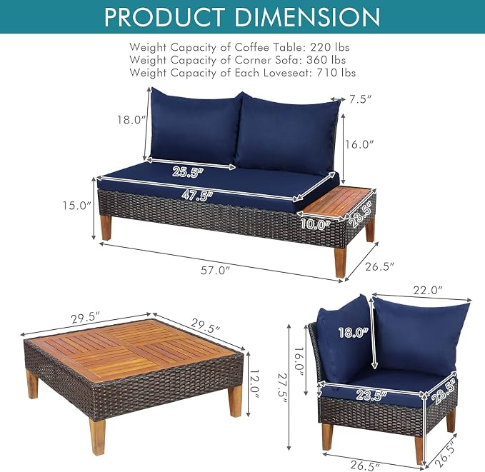Tangkula 4 Pieces Acacia Wood Patio Furniture Set, Patiojoy L Shaped Wicker Corner Sectional Sofa Set with Thick Cushions, Coffee Table, for Backyard, Garden, Poolside and Deck (Navy Blue)