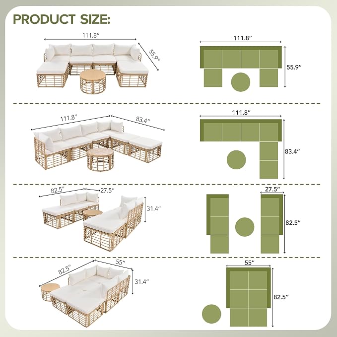 7 Pieces Outdoor Patio Furniture Sectional Sofa Set with Coffee Table, All-Weather Rattan Conversation Set with Thick Cushions and Pillows for Garden Backyard Balcony, Freely Combined (Beige-7S)