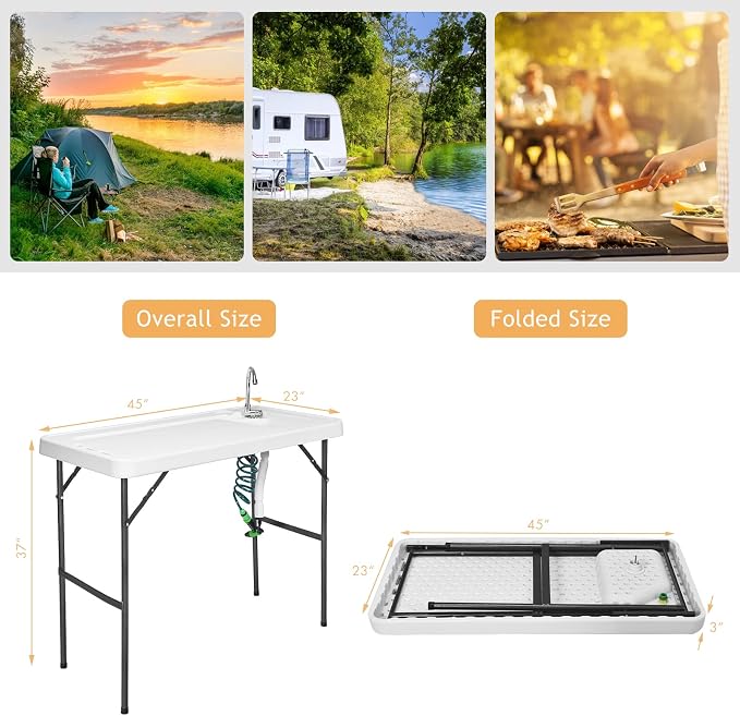 ReunionG Folding Fish Cleaning Table with Sink, Portable Camping Fillet Table with Foldable Faucet, Spray Nozzle & Drainage Hose, Heavy Duty Outdoor Fish Cleaning Station for Garden, Picnic, Patio