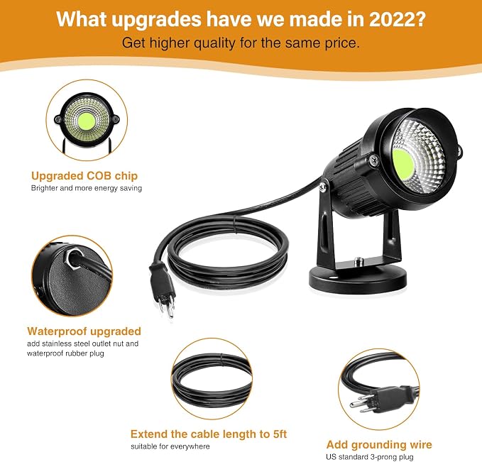 Landscape Lights - 5W 110V Outdoor Spotlight - Waterproof IP65-3000K Cool White LED Landscape Lights - 5ft Cable for Yard Garden Patio Driveway House (Include Spike) (6 Pack)