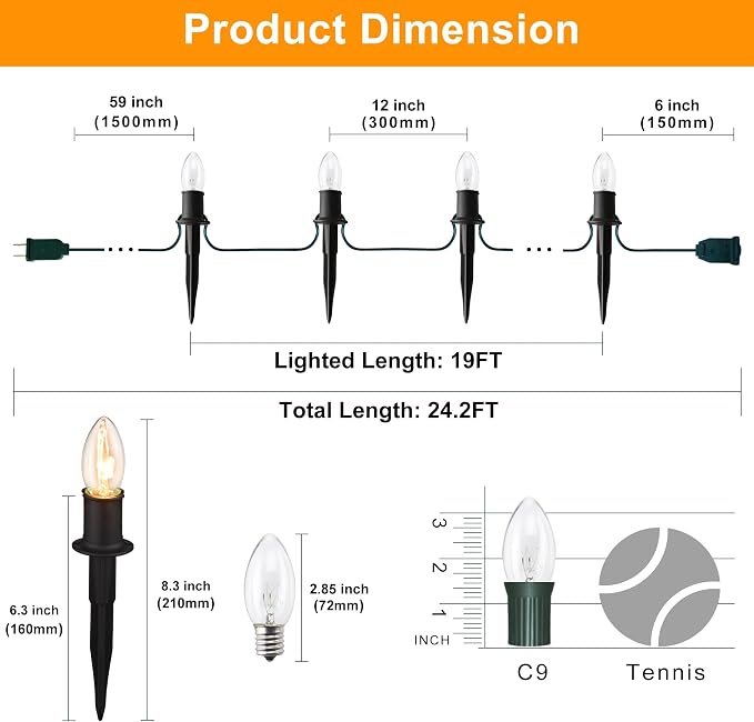 TIORIY Outdoor Warm Christmas Pathway Lights, 24.2ft 20 Lights with Stakes, Outside Walkway Marker, C9 Christmas Decor, Driveway Decorations, Waterproof, Hanging or Plugging
