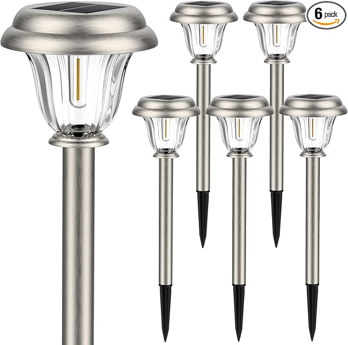 DERAYSION Solar Lights Outdoor Waterproof, Brushed Stainless Steel Glass Solar Pathway Lights, Auto On/Off Long-Lasting Outdoor Solar Lights for Garden, Landscape, Path, Yard 6 Pack | Brushed Stainless Steel Dusk to Dawn Long-Lasting Waterproof Outdoor...