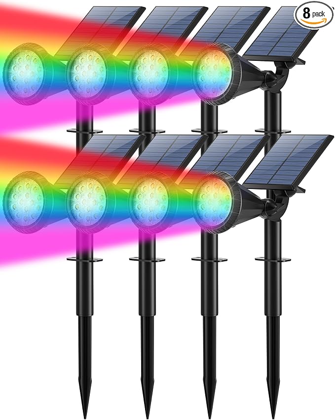 Tadyreal Solar Lights Outdoor Waterproof Color Changing 180° Adjustable RGB Solar Powered Landscape Spot Lights for Yard 7 Lighting Modes Solar Spotlights for Pathway Garden Outside (8 Pack)