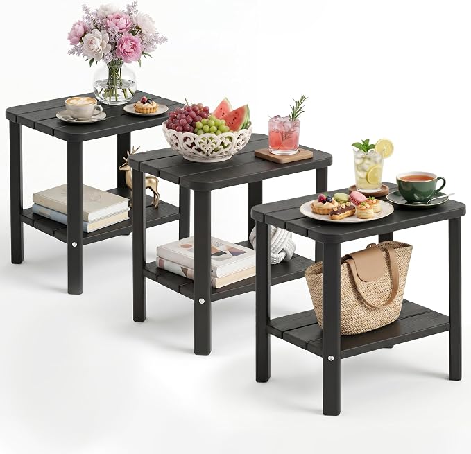 3PCS Outdoor Side Table, 2-Tier Small Table, Weather Resistant Outdoor End Tables, Patio Furniture for Garden, Porch, Pool, Lawn, Backyard or Indoor Bedroom