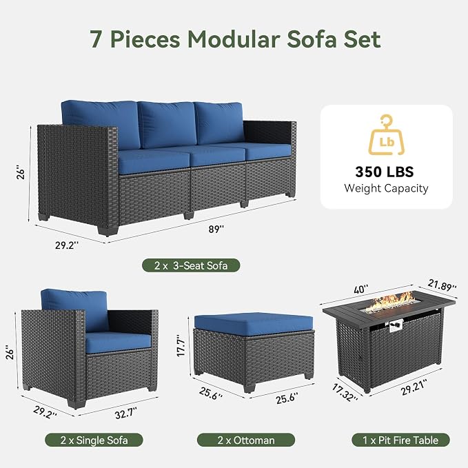 Aoxun 7 Piece Patio Furniture Set with Fire Pit Table, 10 Seats Outdoor Furniture Set with Wicker Ottomans, Rattan Outdoor Sectional Sofa with Thickened Cushion & Waterproof Cover Navy Blue
