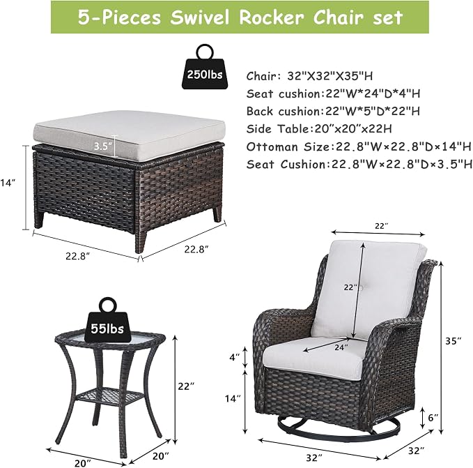 Outdoor Wicker Patio Furniture Set - 5 Pieces Rattan Patio Conversation Set with 2 Rocking Swivel Chairs,2 Ottomans and 1 Side Table for Porch Deck Backyard Garden(Brown/Beige)