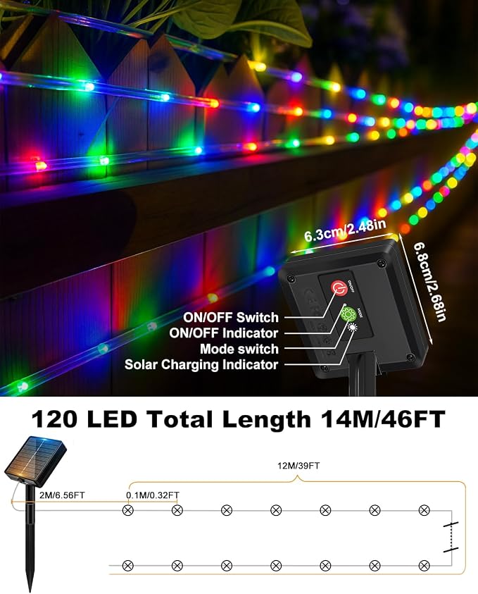 btfarm 2 Pack Solar Rope Lights Outdoor, 120LED 46FTSolar Trampoline String Lights Outdoor Waterproof, 8 Lighting Modes Tree Light Solar Powered for Garden Christmas Yard Party Decoration, Multicolor