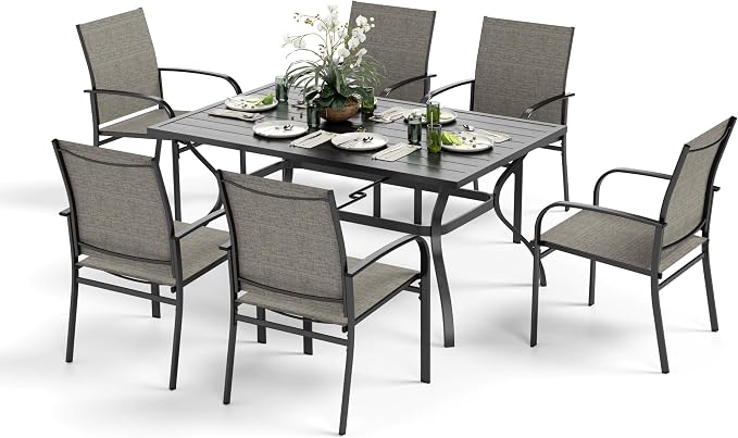 MIXPATIO Patio Table and Chairs Set, Patio Dining Set for 6 with Brown Chairs and Metal Rectangular Table for Deck Backyard Lawn Poolside