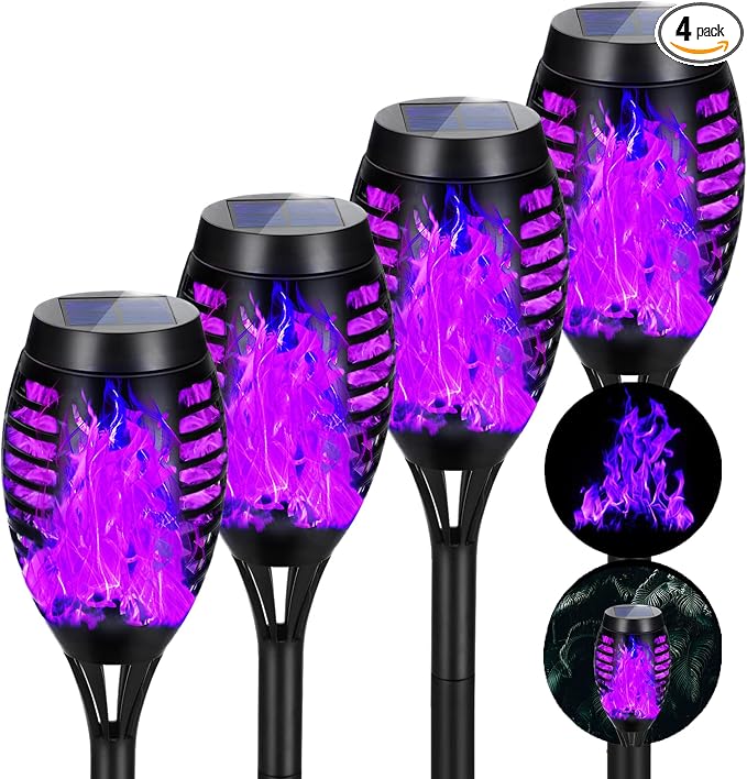 Purple Halloween Solar Lights Outdoor with Flickering Flame, 4 Pack | Halloween Decorations Solar Torch Lights, Waterproof Solar Halloween Lights Tiki Torches for Outside Patio Pathway Yard Decor