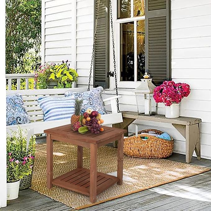 Outdoor Wooden Side Table with 2 Layer Storage, Patio Coffee End Tables, All Weather for Patio, Backyard, Pool, Indoor Use