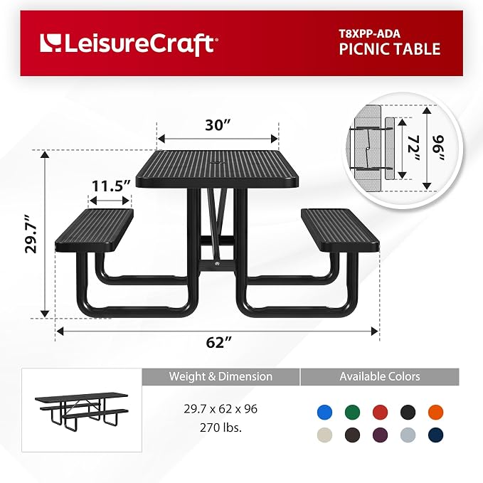 Leisure Craft Metal Picnic Table with Bench - 8 ft Rectangle Outdoor Dining Table with Umbrella Hole, Heavy Duty Thermoplastic Coating, ADA Compliant, Commercial Grade Furniture Made in USA - Black