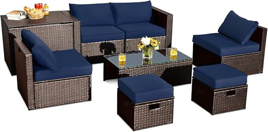 RELAX4LIFE 8-Piece Patio Furniture Set - PE Wicker Conversation Set w/Cushions, Pillows, Tempered Glass Table, Storage Box, Outdoor Sectional Sofa Set for Yard, Deck (Navy Blue)