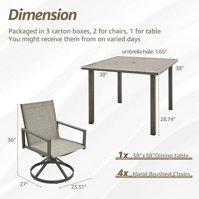 NATURAL EXPRESSIONS 5 Piece Outdoor Patio Dining Set with 4 Swivel Dining Chairs & 38'' Square Woodgrain Dining Table, Gray Textilene Mesh Fabric Chair for All Weather Deck Lawn Garden