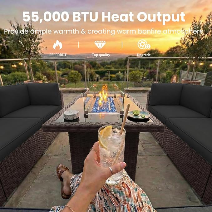 10 Pieces Patio Furniture Set with 44" Propane Gas Fire Pit Table, Outdoor Sectional Brown Rattan Wicker Conversation Sofa Sets with Coffee Table