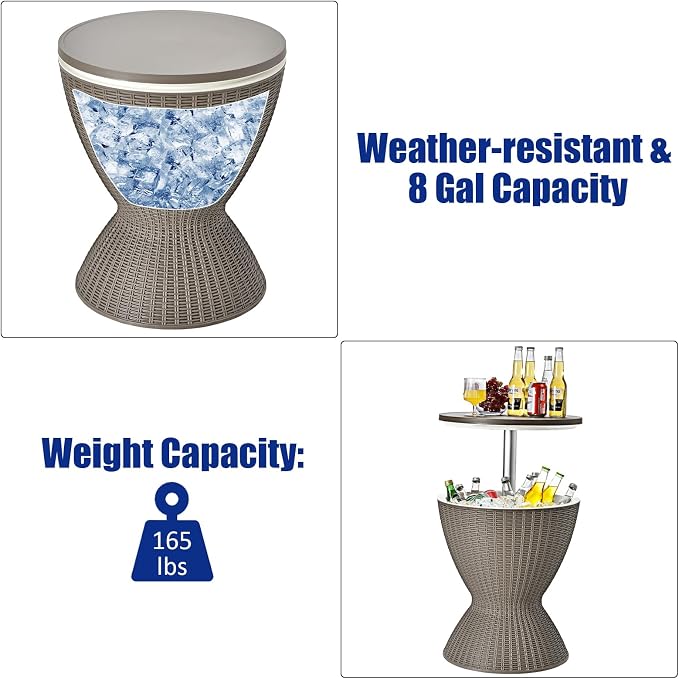 S AFSTAR Cool Bar Table, 8 Gallon Rattan Patio Bar Cooler with Ice Bucket & Height Adjustable Tabletop, Beer & Wine Cooler, Outdoor Indoor Cocktail Coffee Table for Patio Party Pool Deck (Brown)
