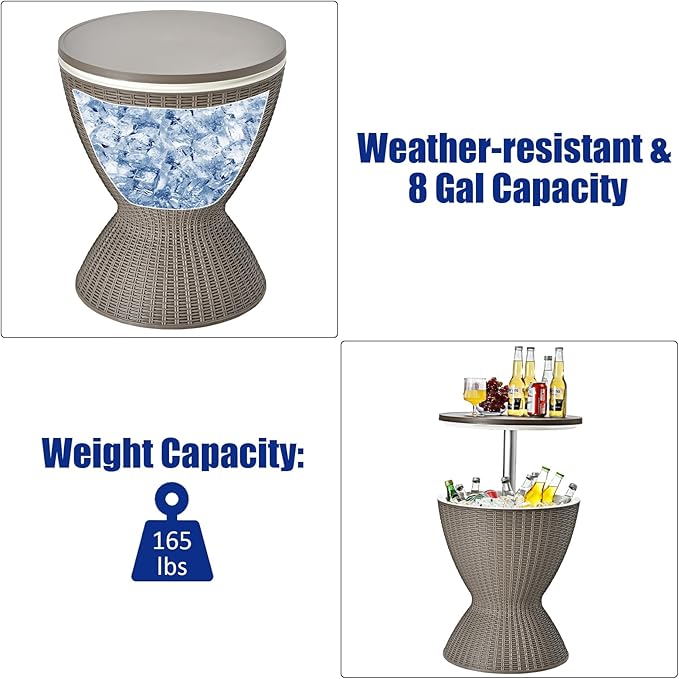 Cool Bar Table with Ice Bucket, 8 Gallon Rattan Style Patio Bar Cooler Table w/Height Adjustable Tabletop, Beer and Wine Cooler, Outdoor Cocktail Coffee Table for Pool Party Deck (Coffee)