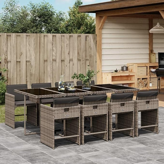 9-Piece Patio Dining Set with Cushions Gray Poly Rattan Outdoor Furniture Set for Backyard Garden Balcony Porch